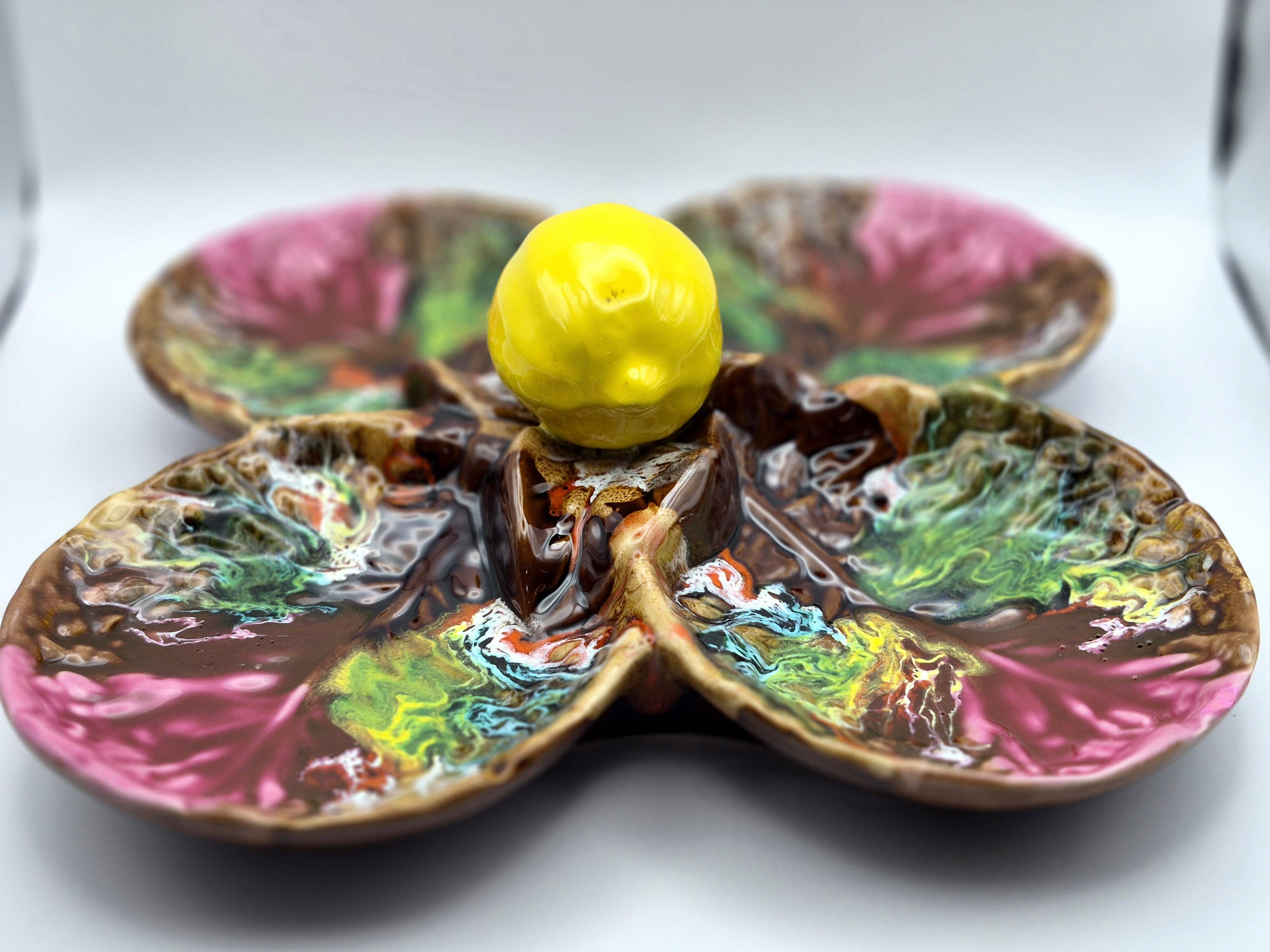 Vintage Vallauris A.M. plate – quadrilobed enamelled bowl with lemon – 50s