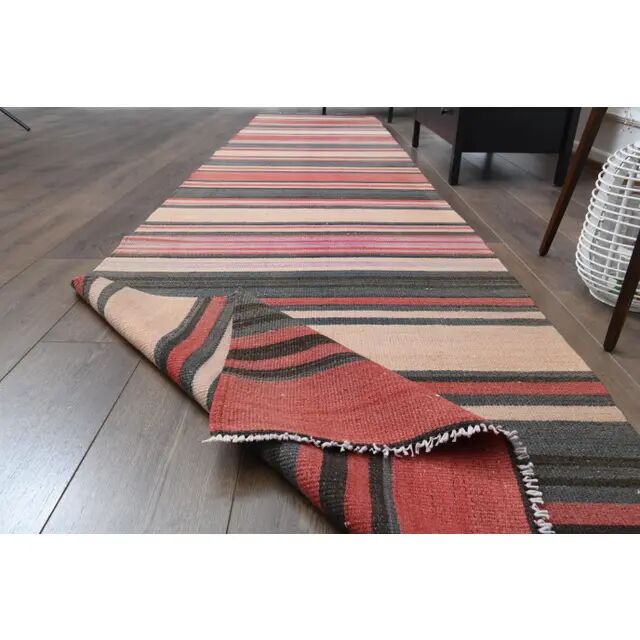 Tapis couloir turc Oushak fait main en laine et coton rouge des années 1970, 90x403.