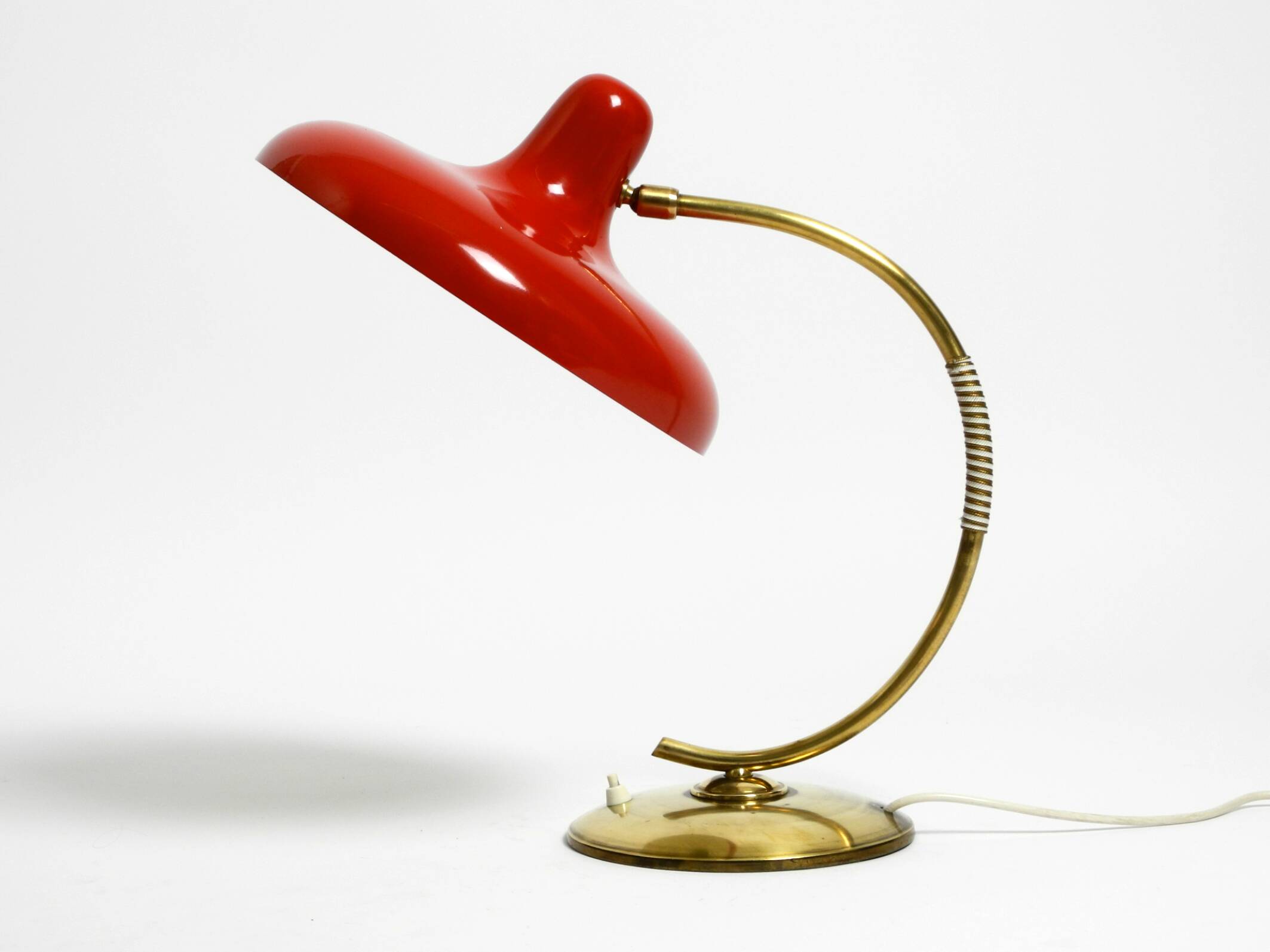 Beautiful large Mid Century Modern brass table lamp with red metal shade