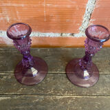 Pair of Antique CRISTAL D’ARQUES Candle Holders Moulded Purple Glass Vintage