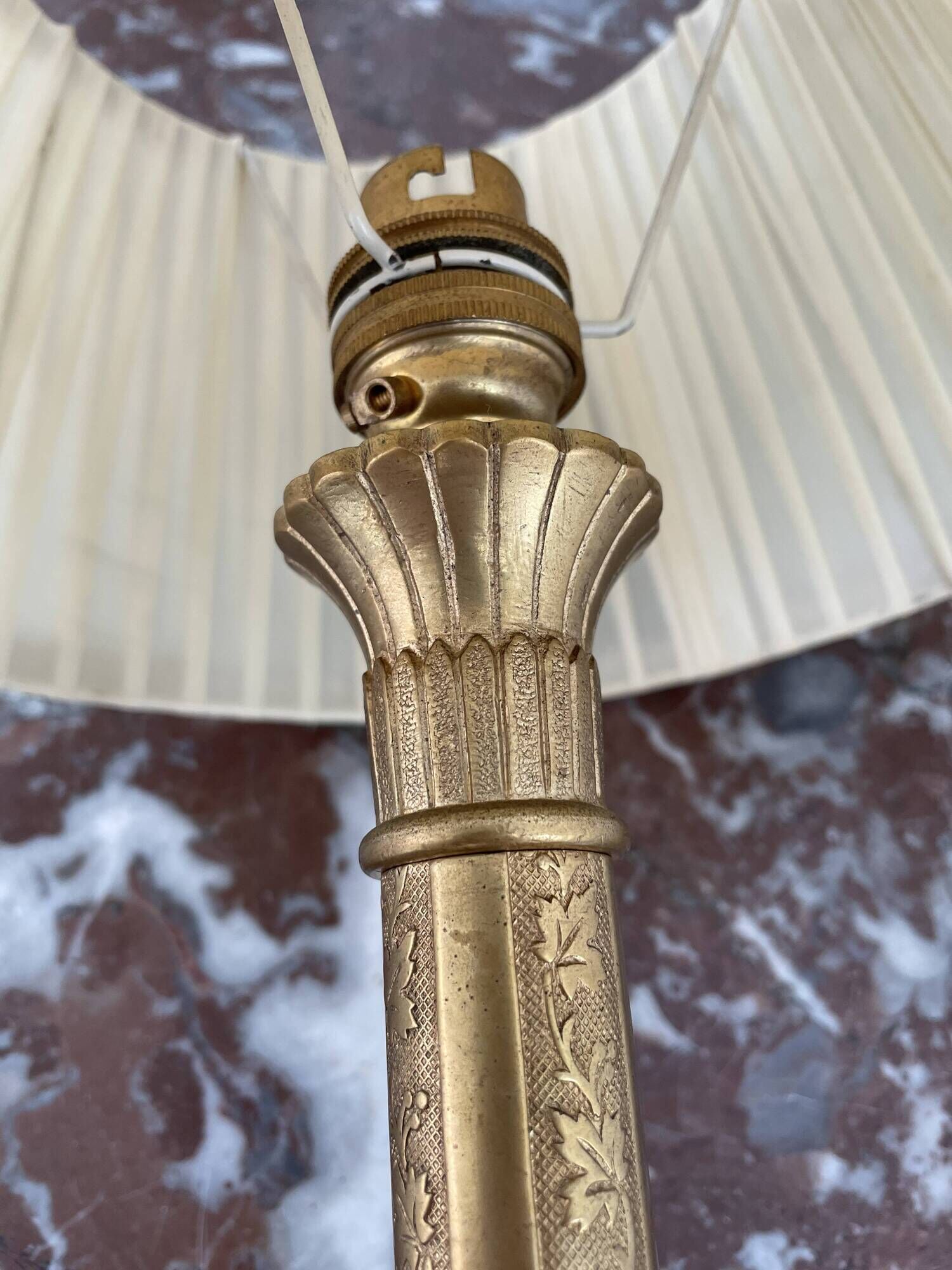Antique, lamp, bronze, candle holder, gold, cloisonné enamel, ecru white lampshade, flower decor, leaf