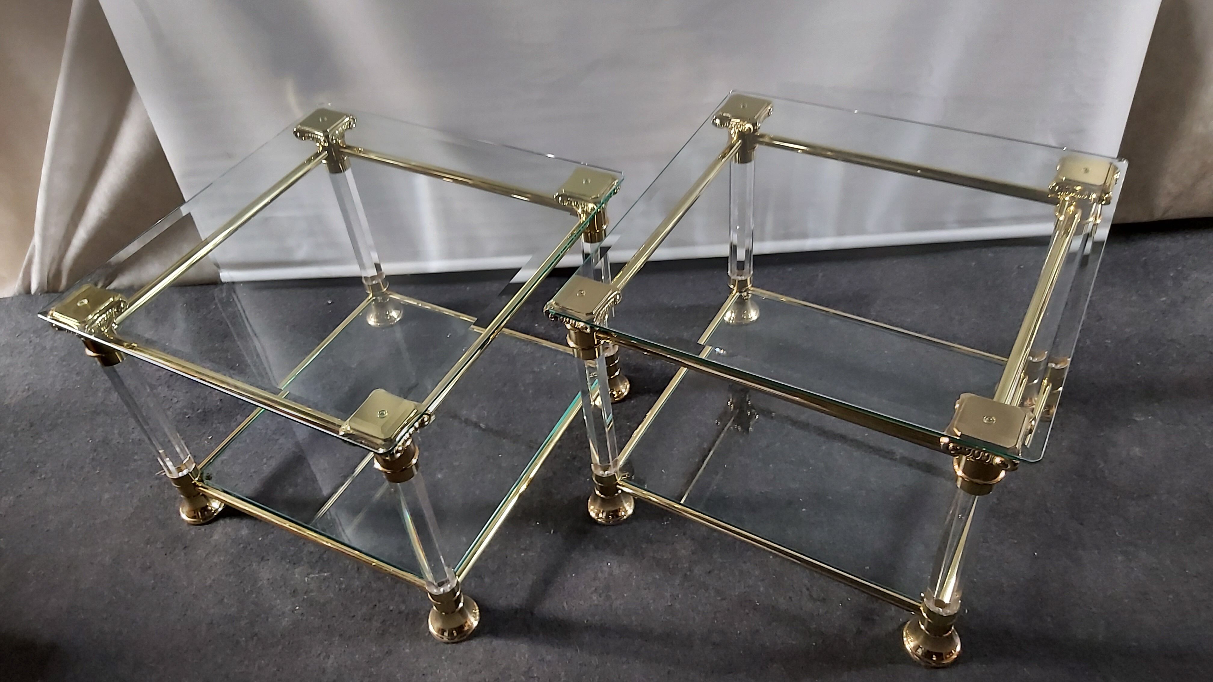 Pair of tables in brass, acrylic and glass