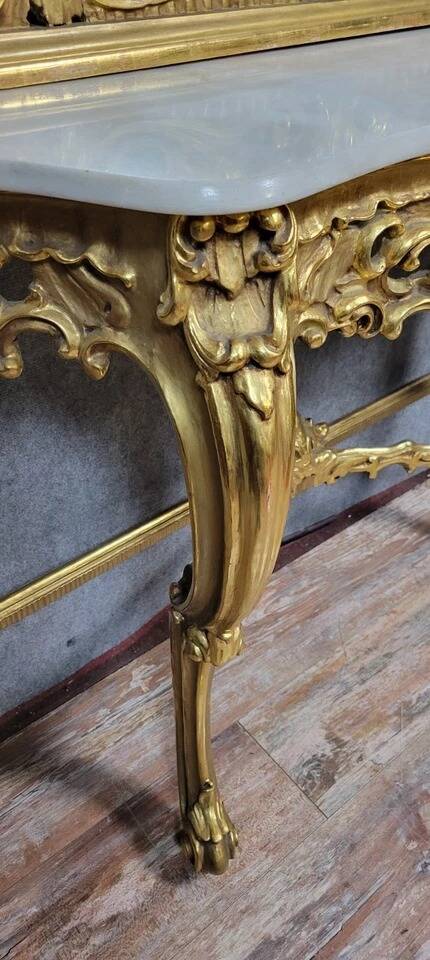 Large Venetian console + Louis XV baroque style mirror in gilded wood
