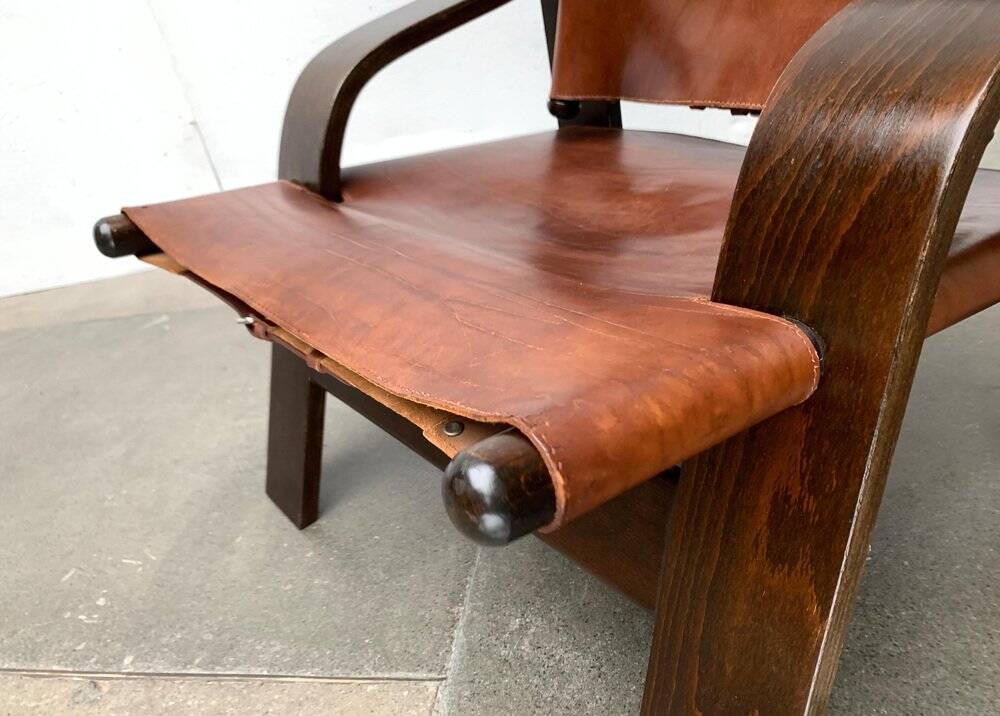 Brutalist Mid-Century Safari Armchair in Wood and Leather, 1960s