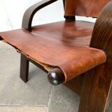 Brutalist Mid-Century Safari Armchair in Wood and Leather, 1960s