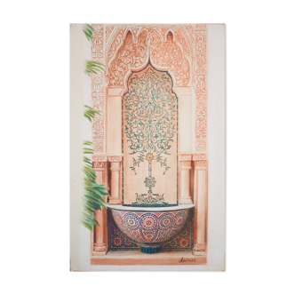 Dessin-peinture au pastel d'une fontaine murale arabe.