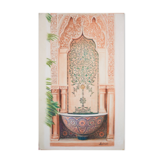 Pastel drawing-painting of an Arab wall fountain.