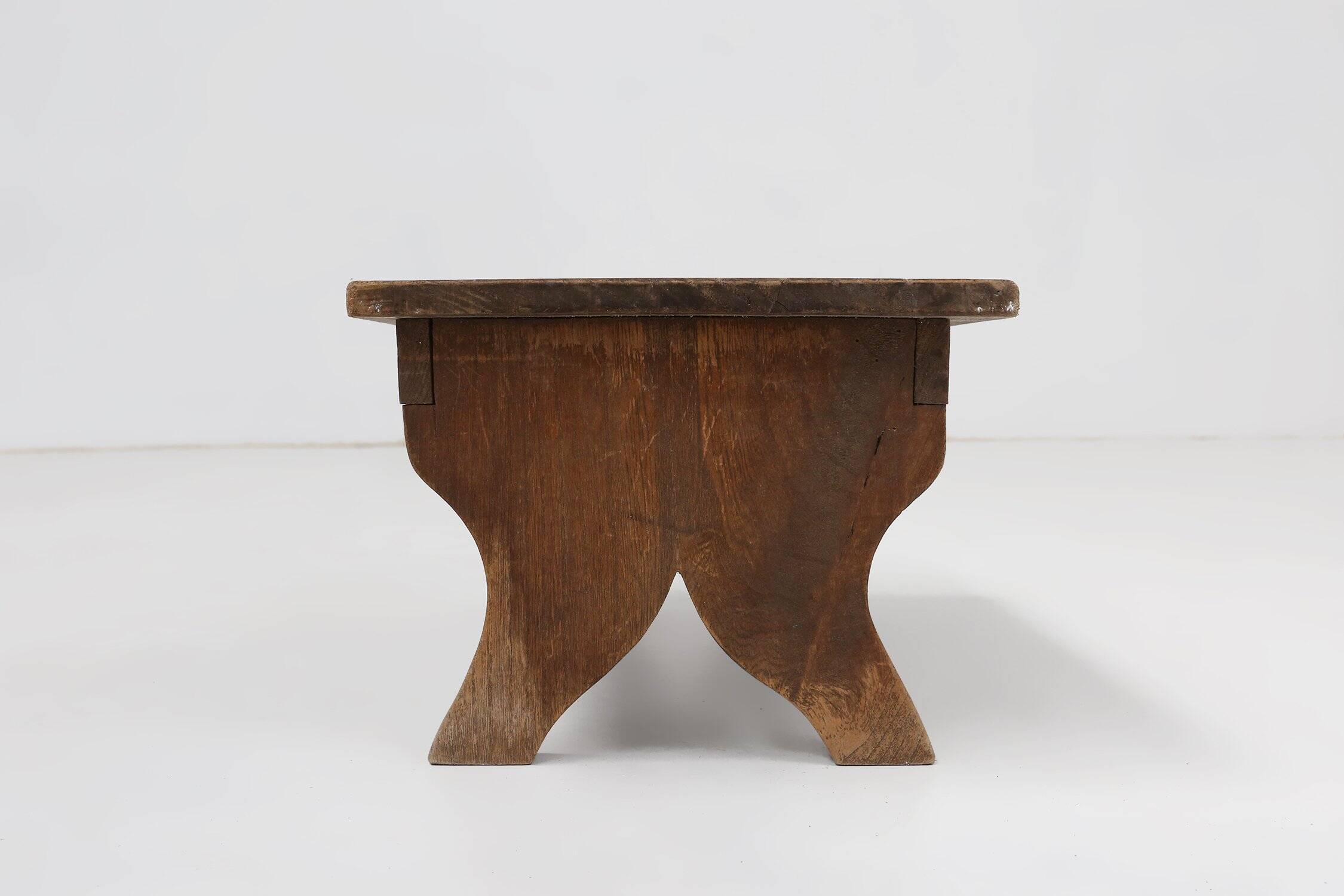 Small Rustic Wooden Stool with Curved Base, France, 1900s