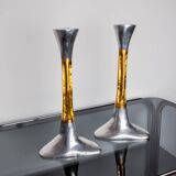 Pair of Brutalist candlesticks by David Marshall, bronze and aluminum, Spain, 1970