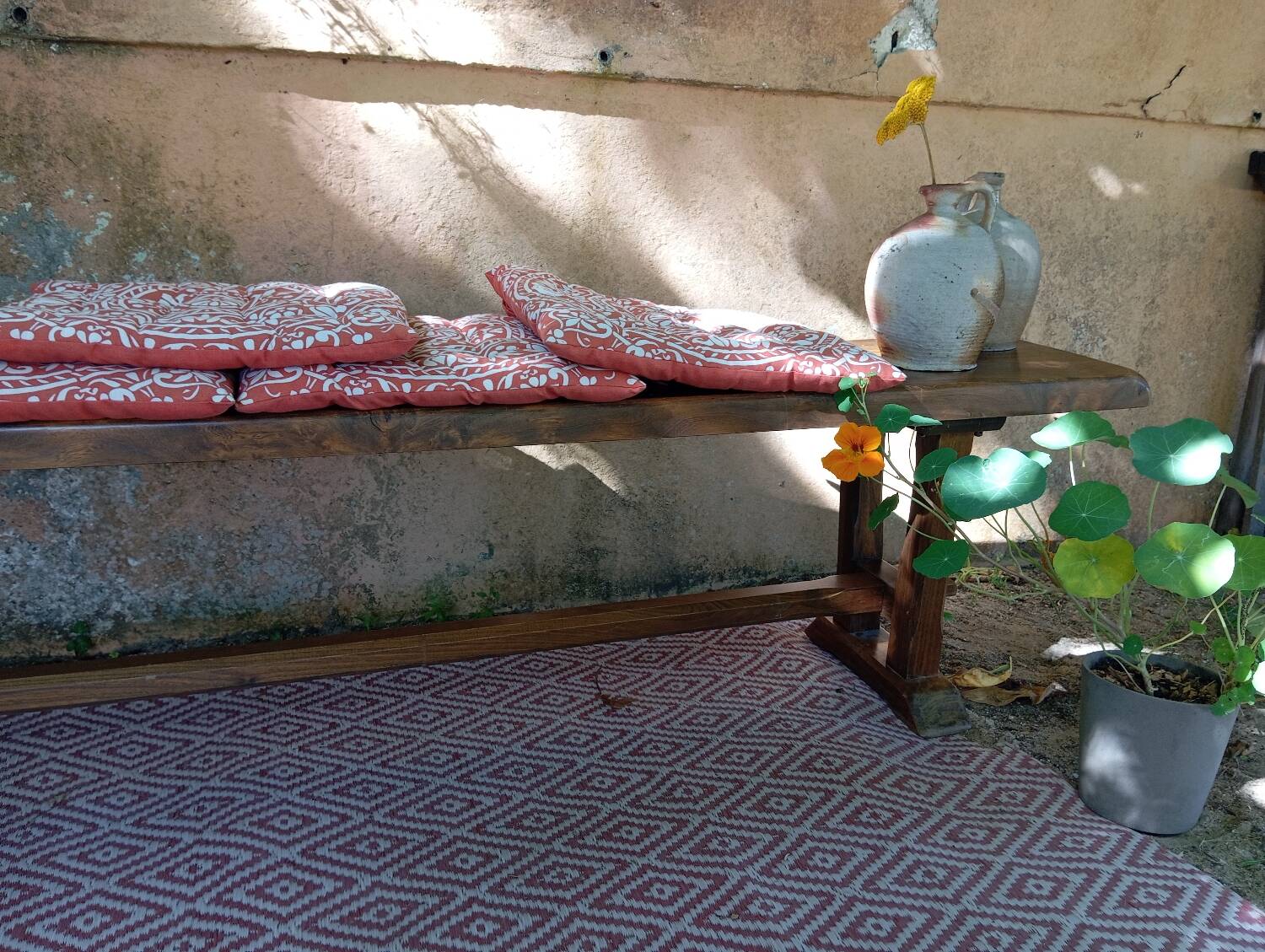 Pair of solid cherry wood farmhouse benches, 1950/60