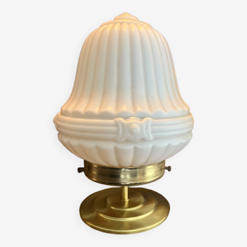 Vintage white art deco globe table lamp, brass base