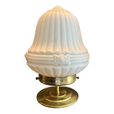 Lampe à poser globe vintage blanc art déco, socle laiton