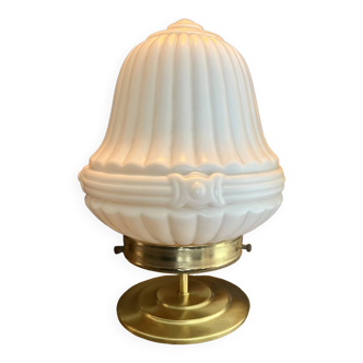 Vintage white art deco globe table lamp, brass base