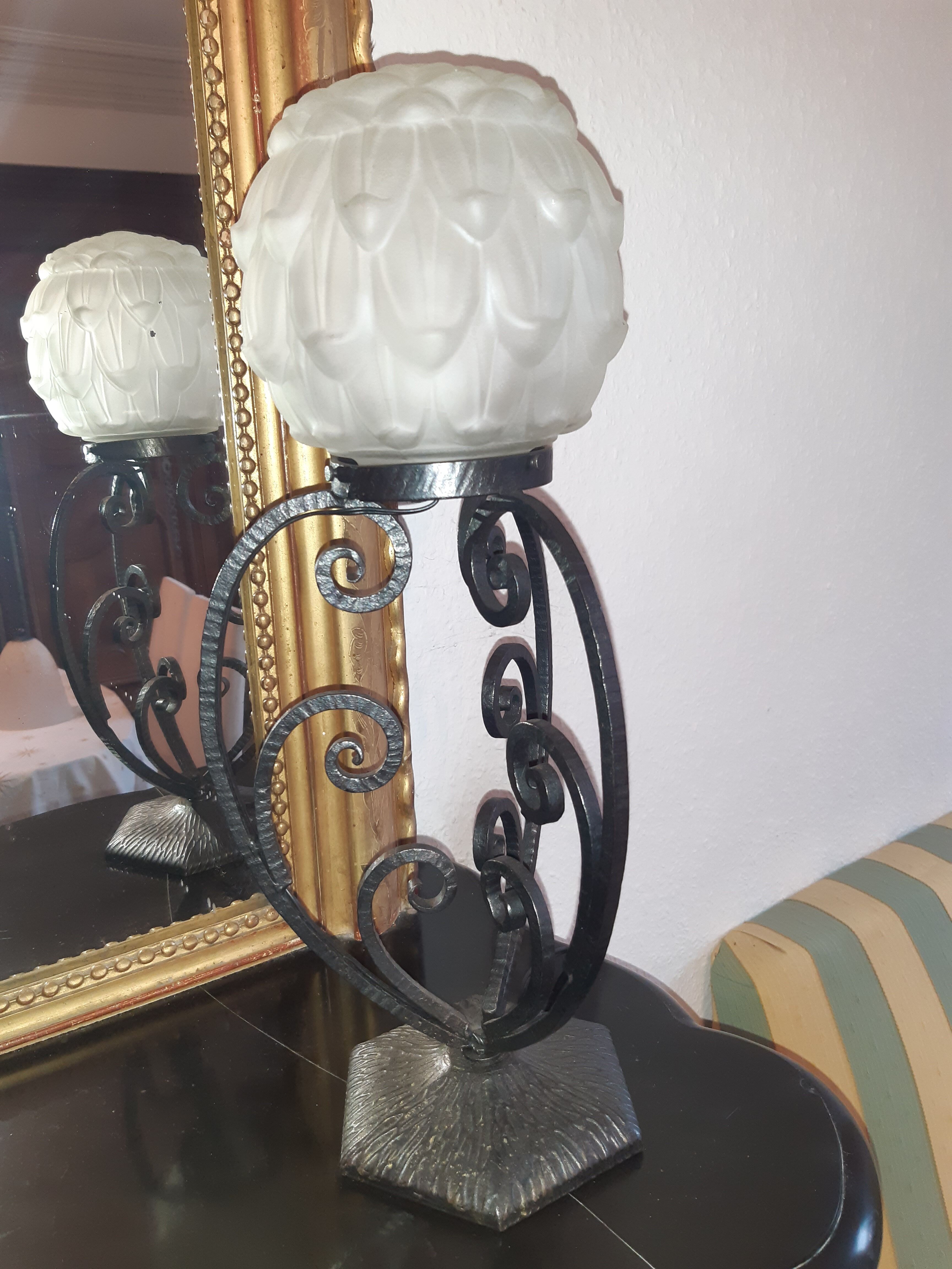 Art Deco period lamp wrought iron and pressed molded glass globe