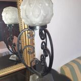 Art Deco period lamp wrought iron and pressed molded glass globe
