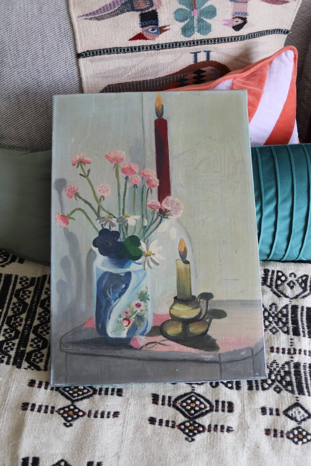 Tableau Huile sur toile bouquet de fleurs et bougies vintage