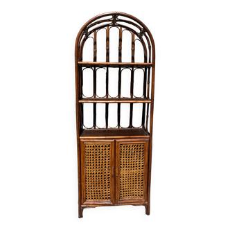 Etagère bibliothèque, meuble de rangement vintage en rotin et cannage.