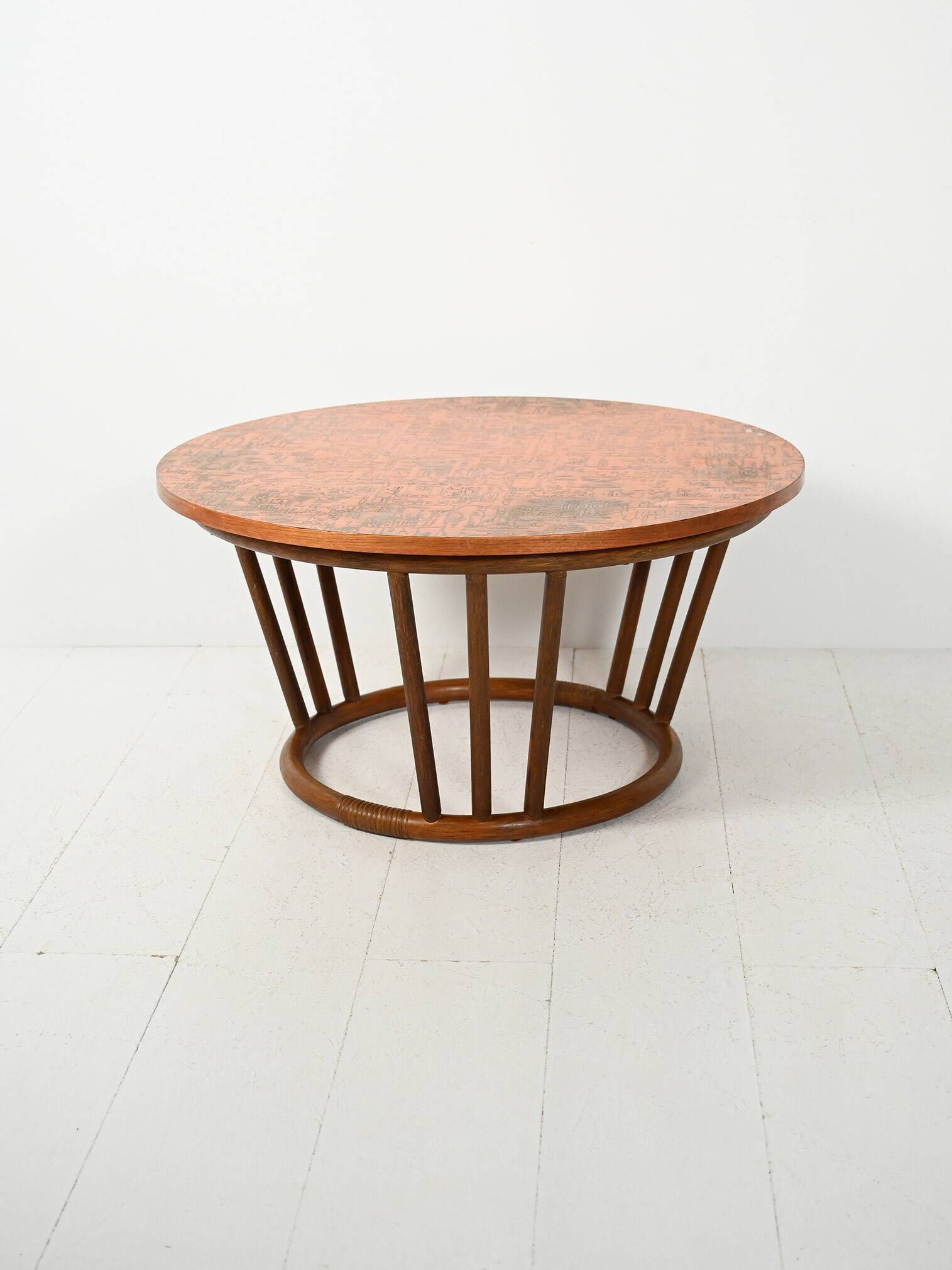 Scandinavian round bamboo and copper coffee table