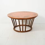 Scandinavian round bamboo and copper coffee table