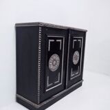 Antique wooden cabinet painted in black and with incised white painted decorations, Ettore Zaccari, Italy c 1910