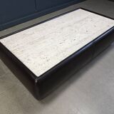 Leather and travertine coffee table attr to Desede, 1970s