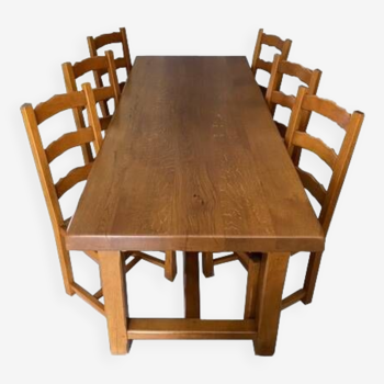 Solid oak farm table + 6 straw-seated oak chairs