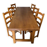 Solid oak farm table + 6 straw-seated oak chairs