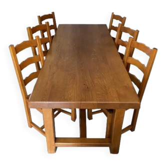 Solid oak farm table + 6 straw-seated oak chairs