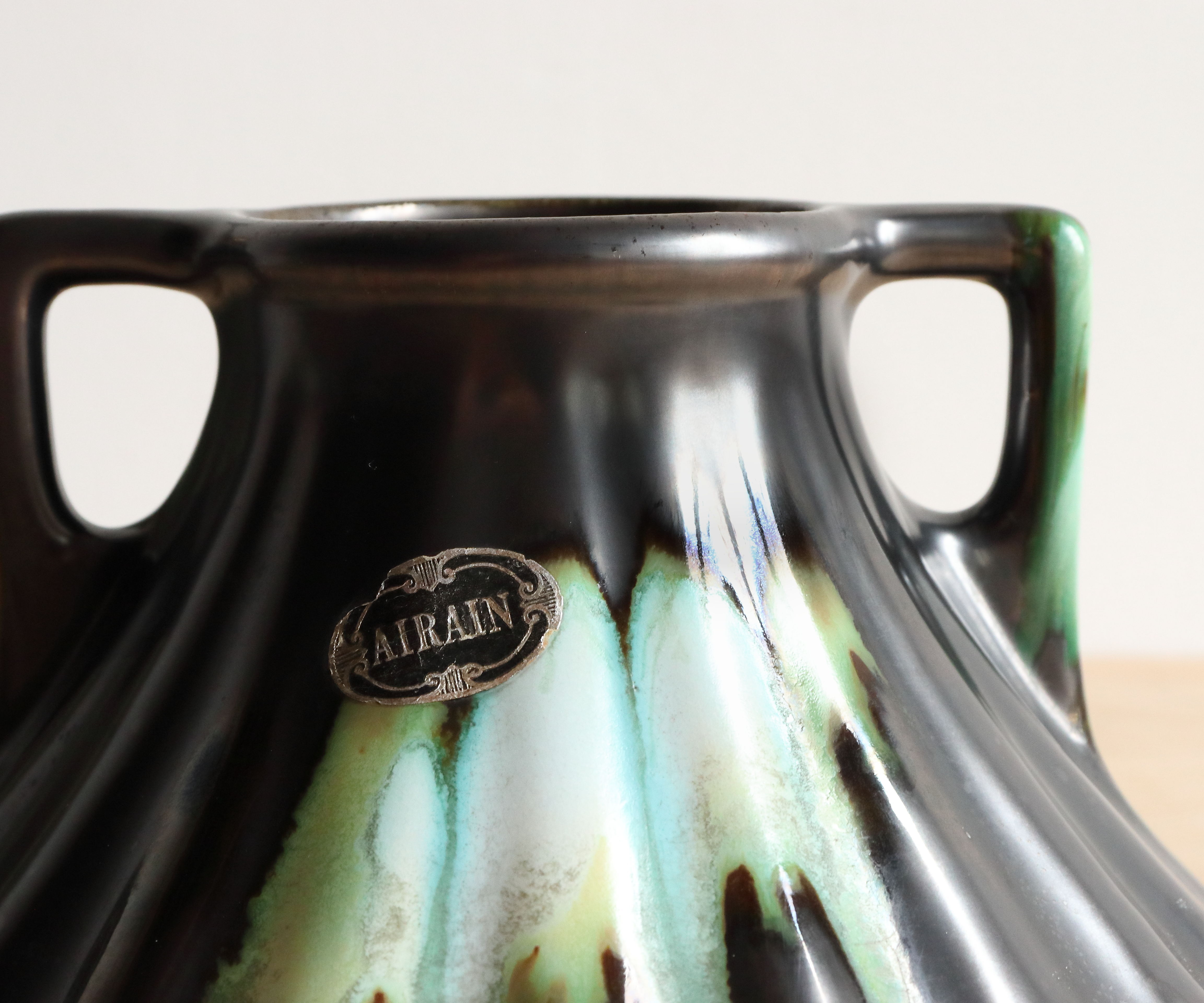 Thulin Airain flamed stoneware vase with handles, Belgium, Art Deco period