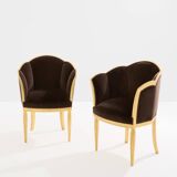 Maurice Dufrène pair of armchairs, gilded wood, brown velvet, 1925.