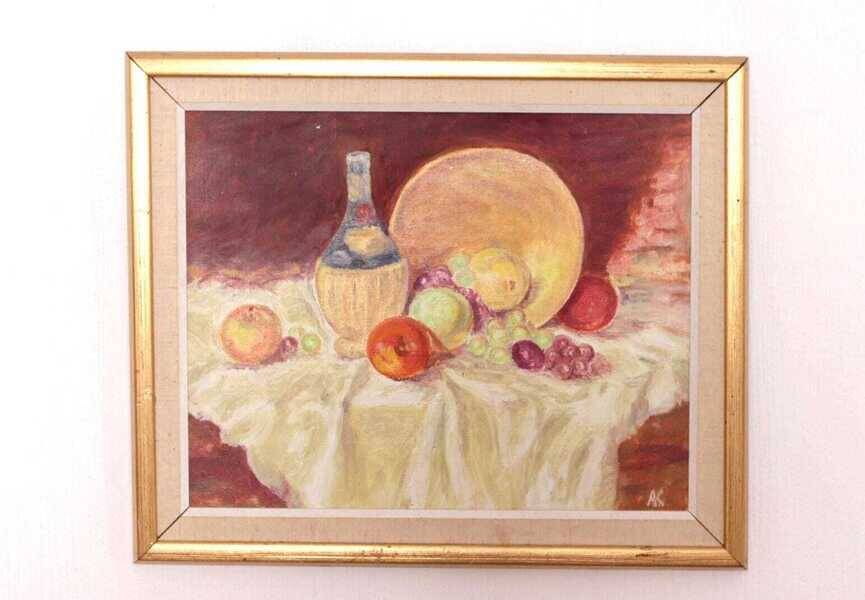 Original Swedish oil on canvas – “Still Life with Fruit and Bottle” by A.K. – vintage & framed – 40 × 48 cm (15.7" × 18.9")
