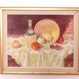 Original Swedish oil on canvas – “Still Life with Fruit and Bottle” by A.K. – vintage & framed – 40 × 48 cm (15.7" × 18.9")