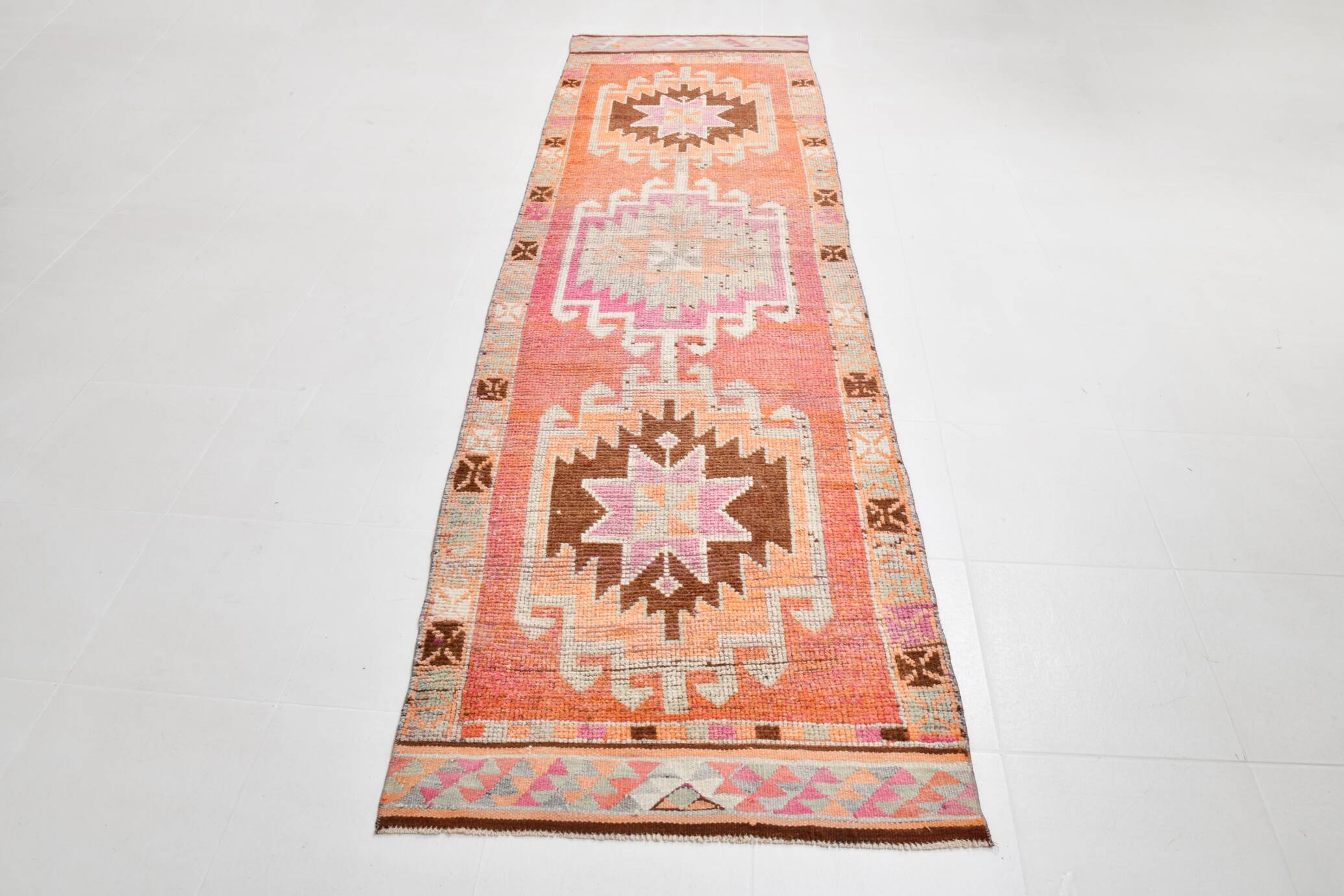 Soft Orange & Pink Star Pattern Handmade Wool Runner Rug, 99x338 Cm