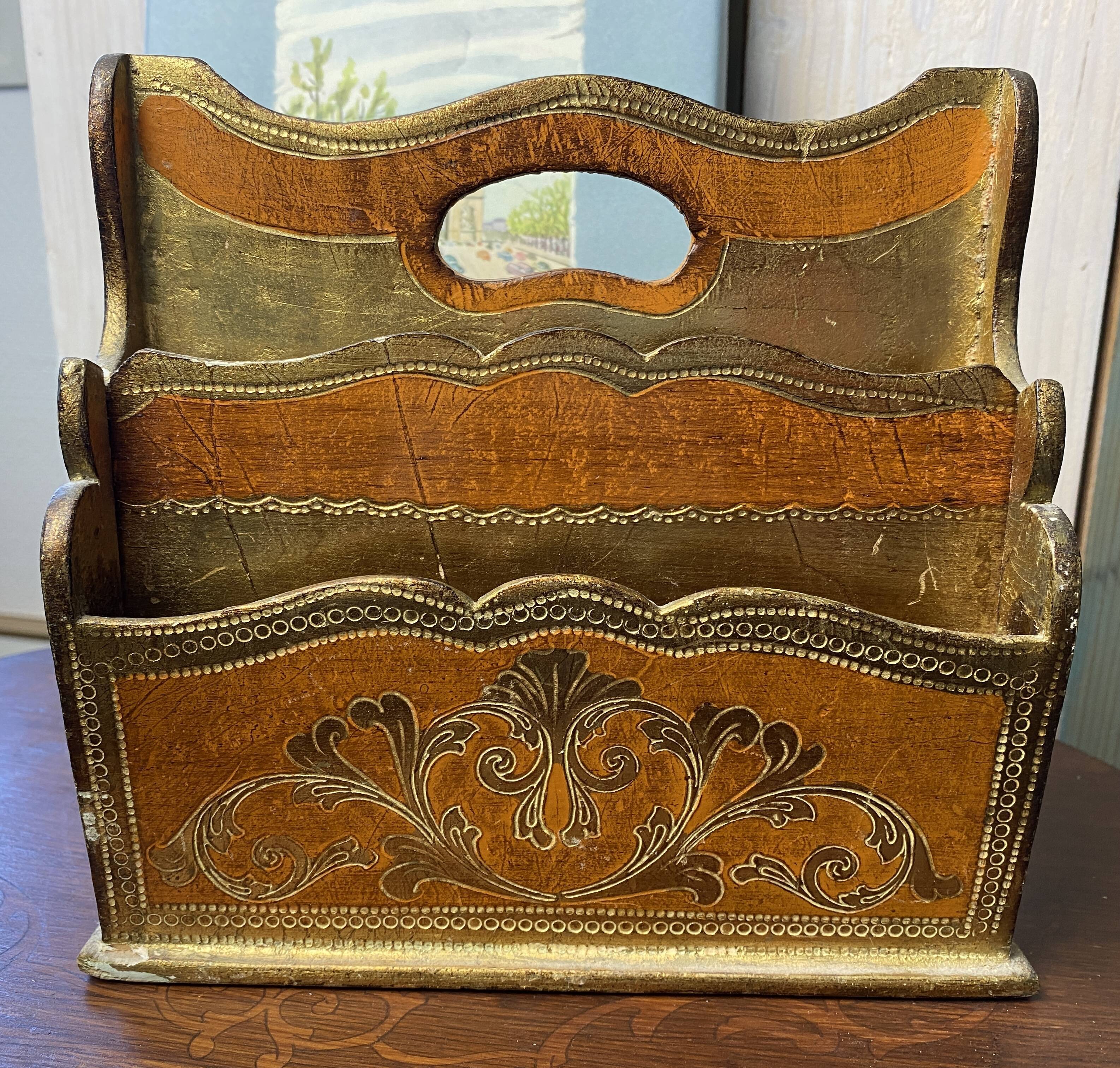 Small mail rack in old Florentine wood