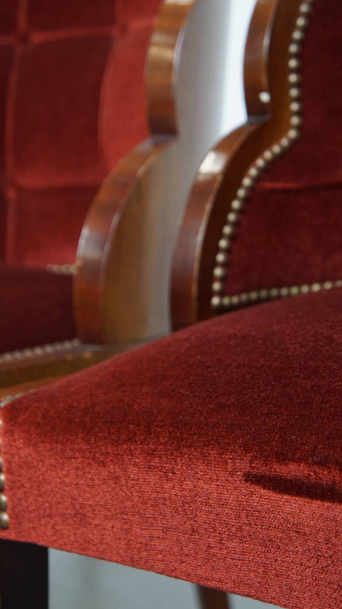 Set of 4 Art Deco Dining Chairs with Red Upholstery and Wooden Backs