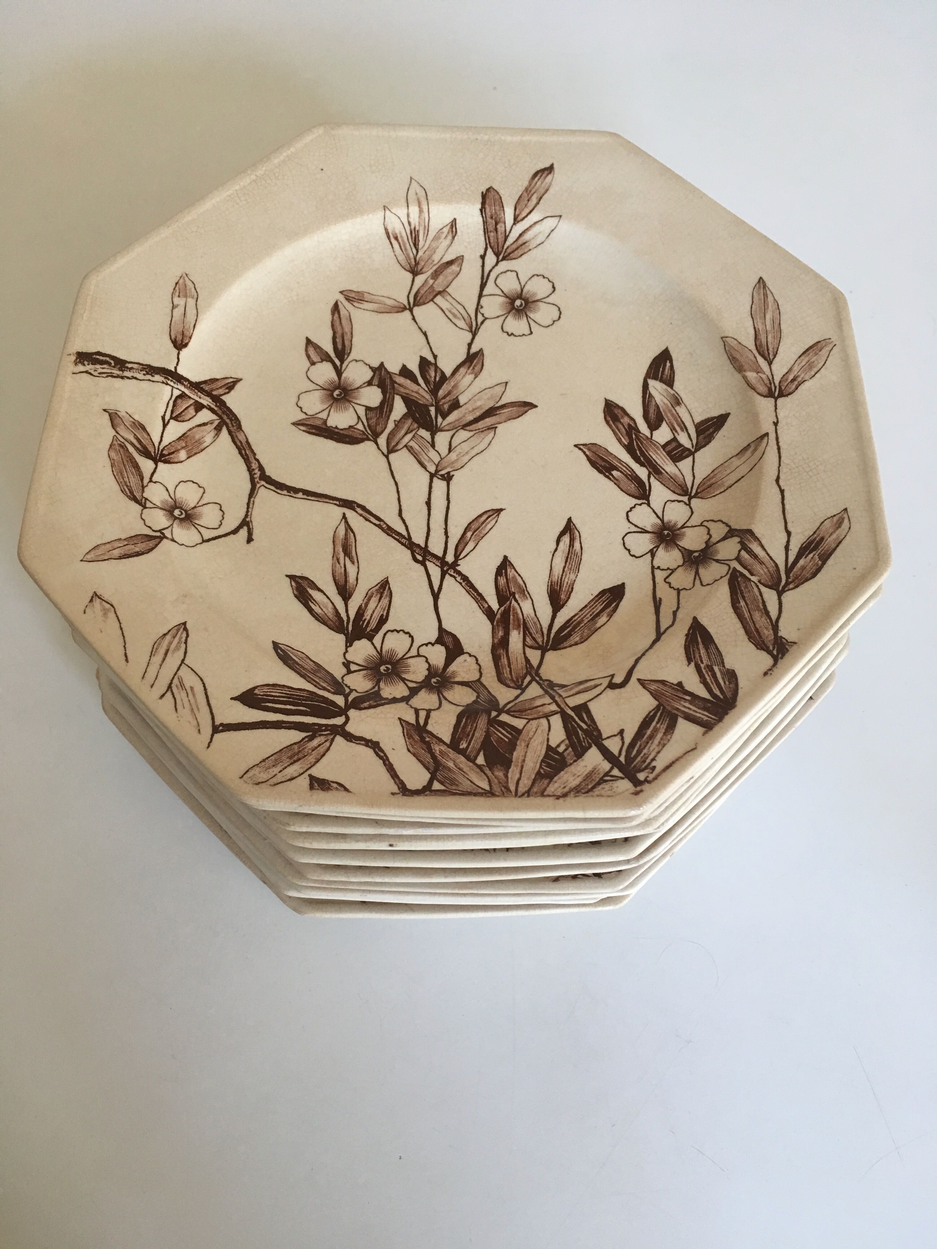 Set of 11 octagonal plates with English faience flowers 1870