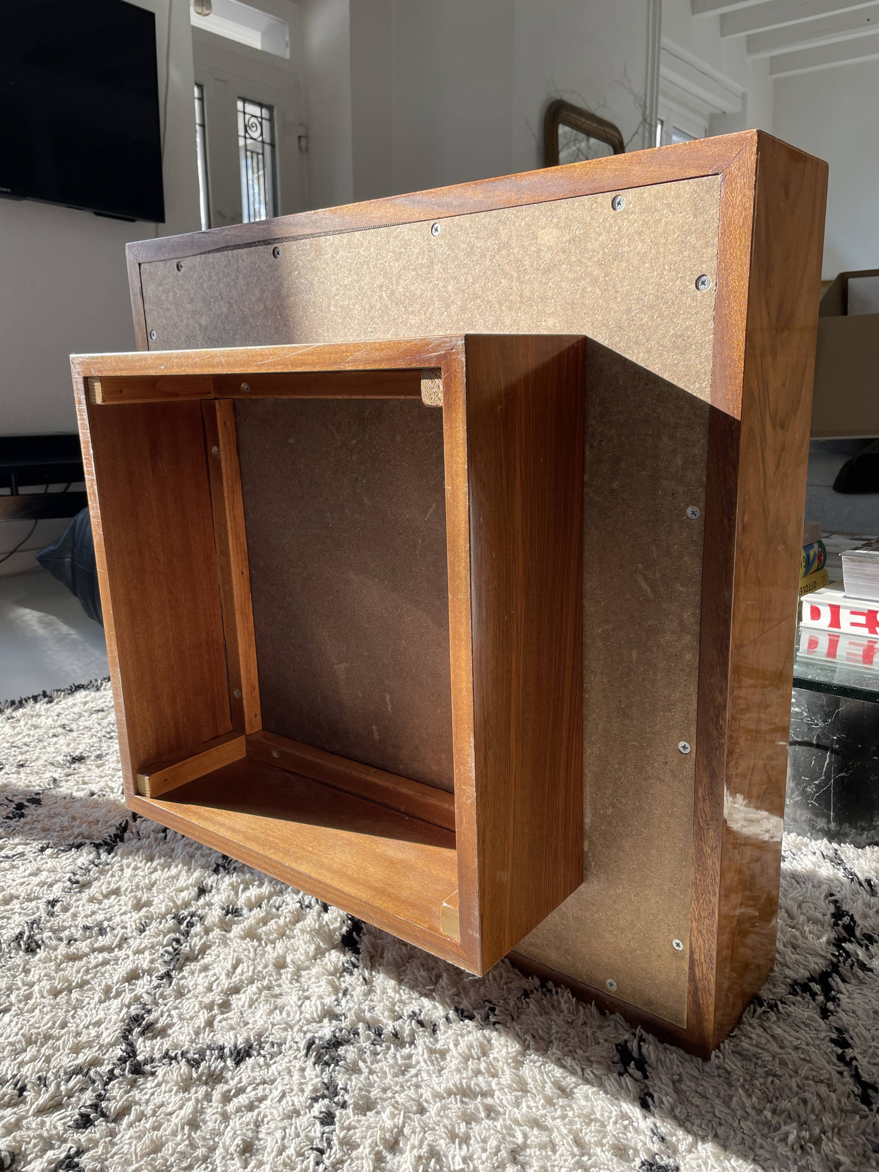 Square coffee table in elm magnifying glass 70s