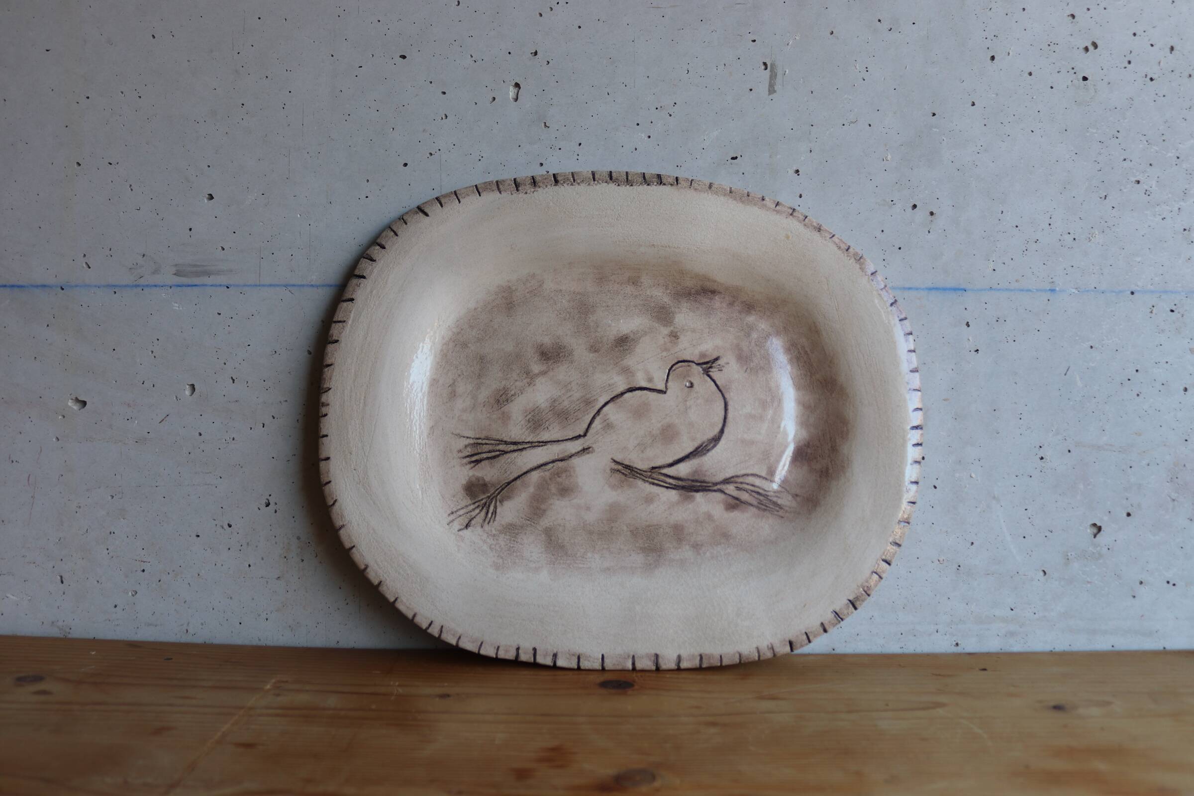 Handmade ceramic bird dish signed
