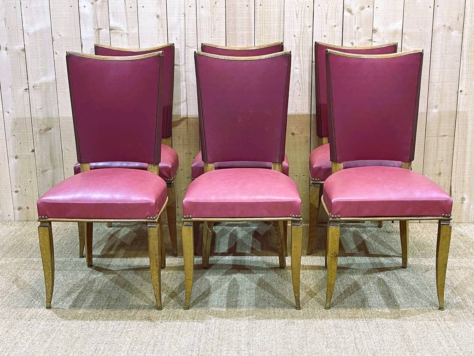 Set of 6 beech chairs with skai in the style of Jules Leleu.