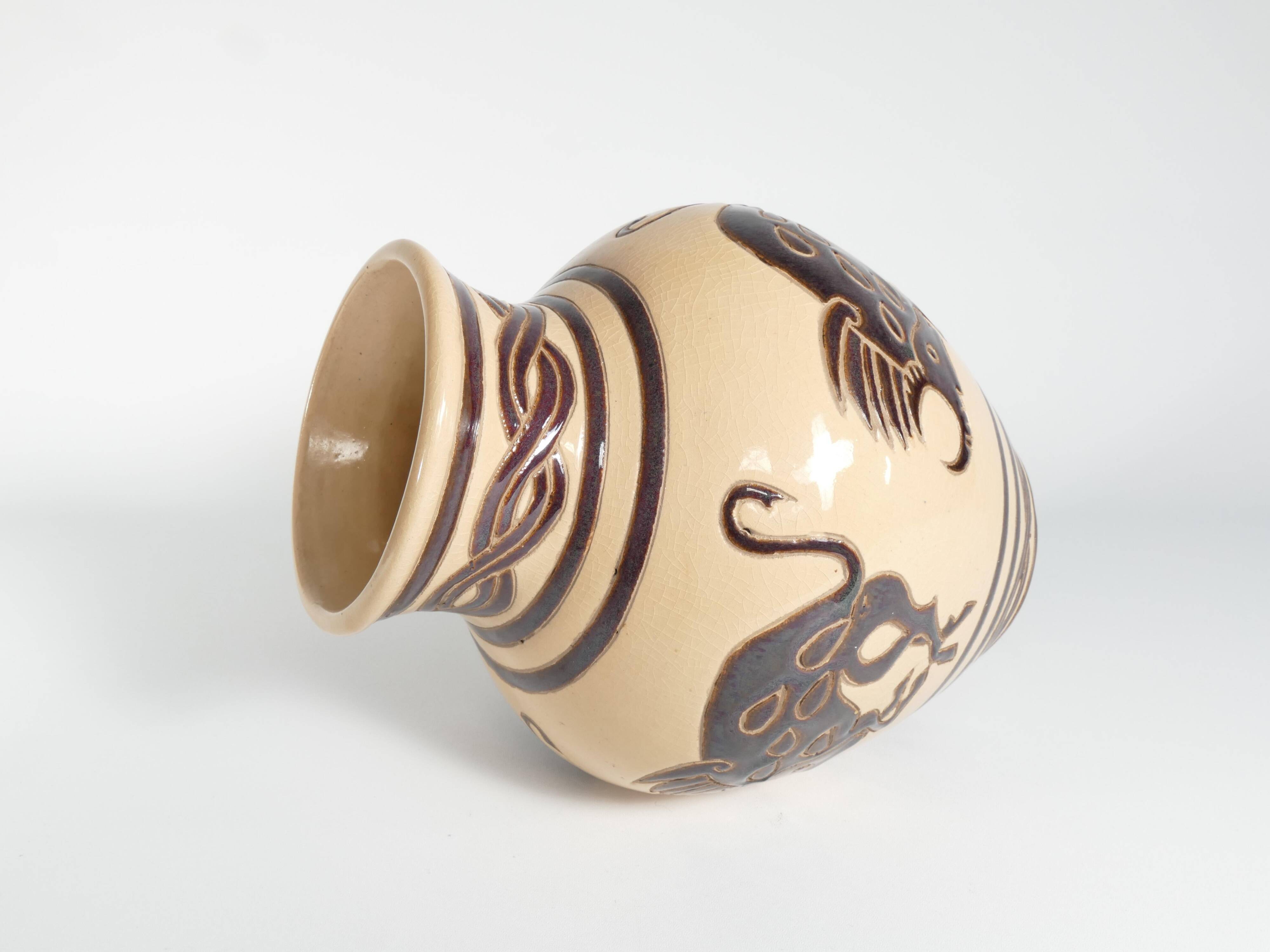 Vintage Ceramic Vase with Brown Bulls and Bands