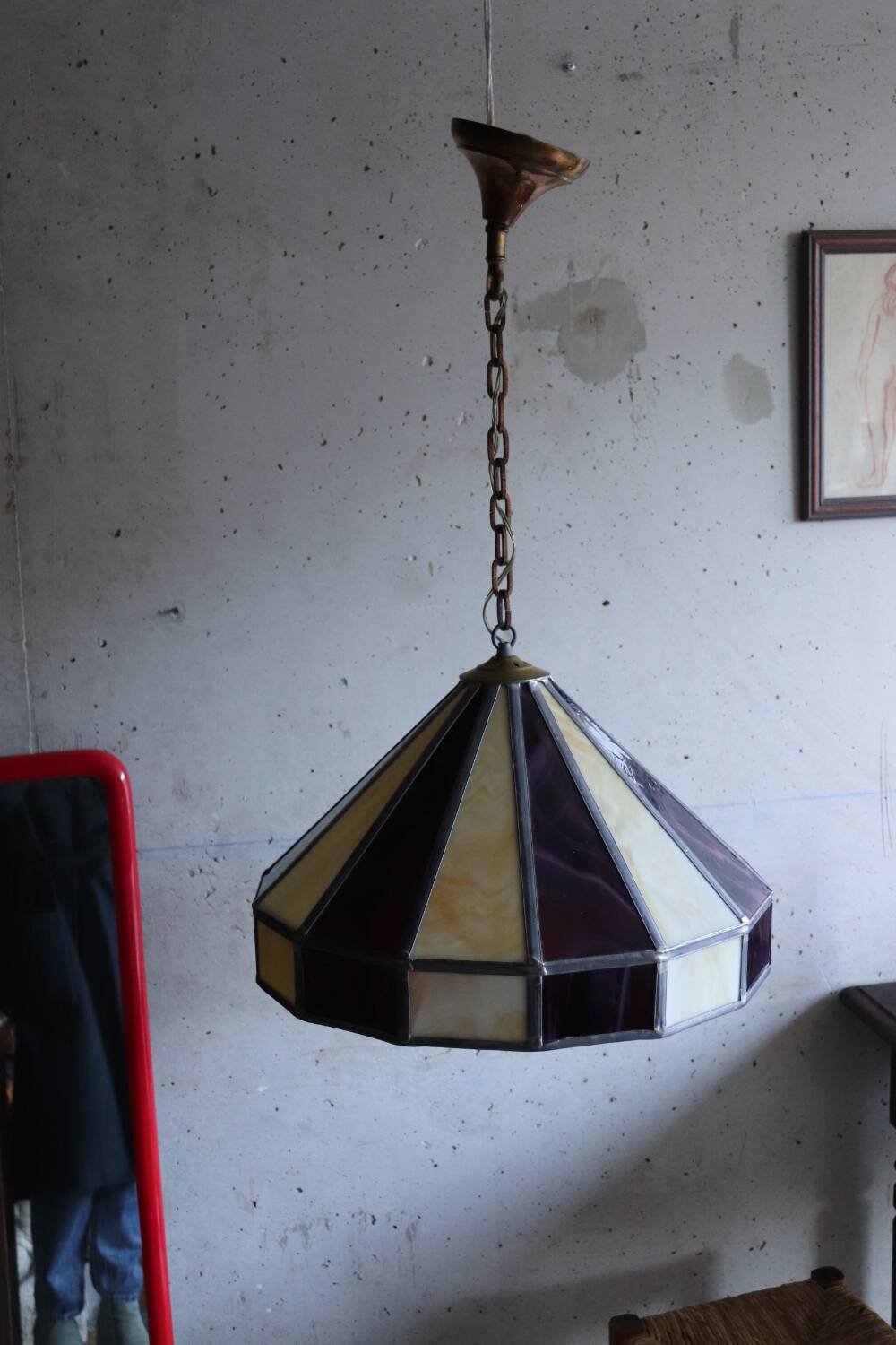 Large cream and purple tiffany style art deco pendant light