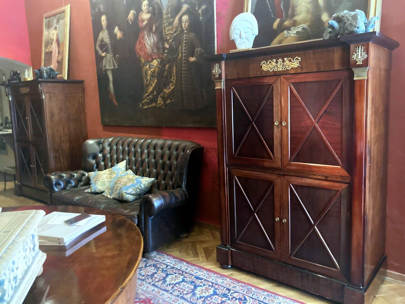 Cabinet, wardrobe or mahogany and ormolu wine bar in French Empire style with four doors.
