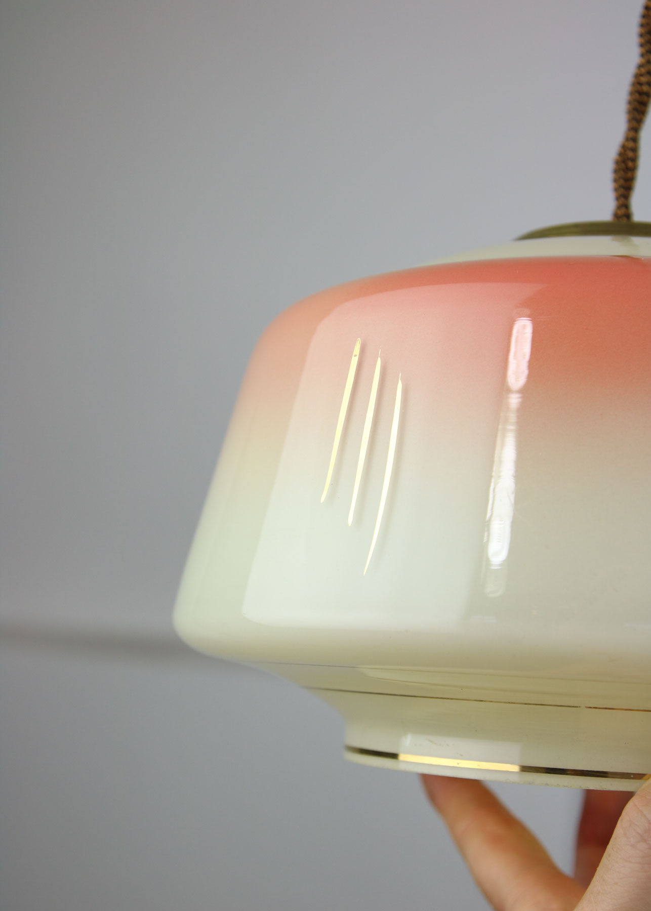 Vintage glass & brass salmon pendant lamp