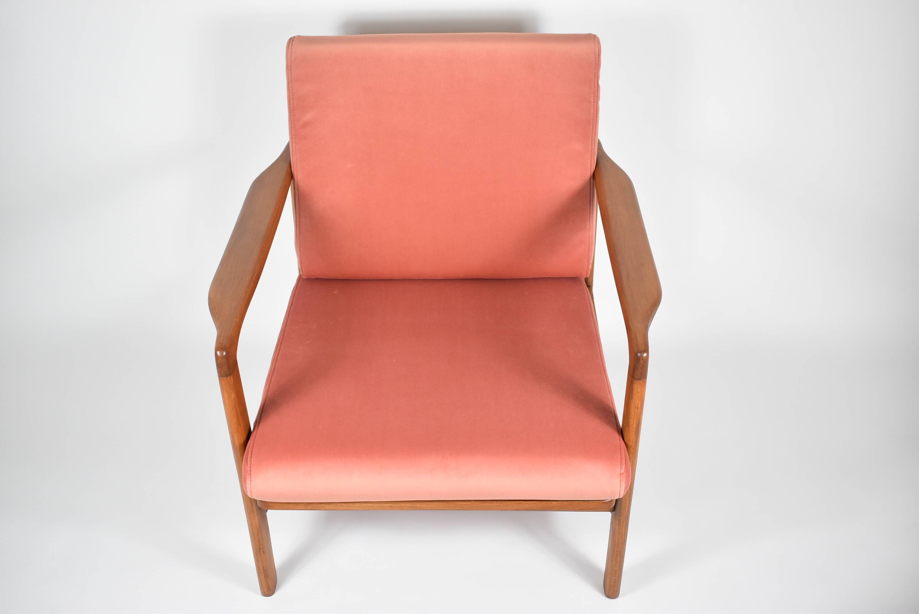 Scandinavian original armchair Baczyk, 1960s, renovation, pink, velvet, teak