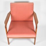 Scandinavian original armchair Baczyk, 1960s, renovation, pink, velvet, teak
