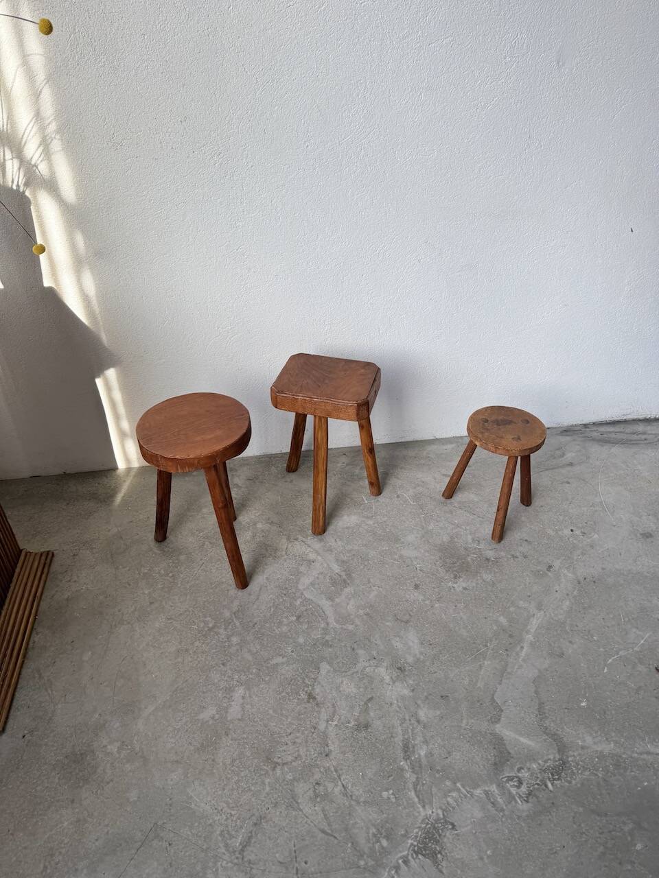 3 free-form oak tripod stools