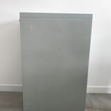 Three-drawer industrial grey metal filing cabinet with hanging backs