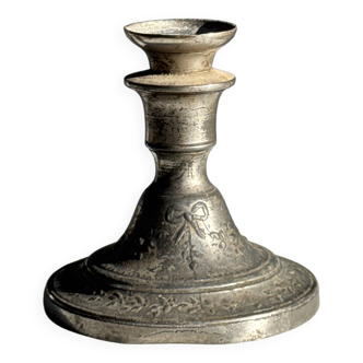 Small antique candle holder engraved in silver-plated metal, in its original condition.