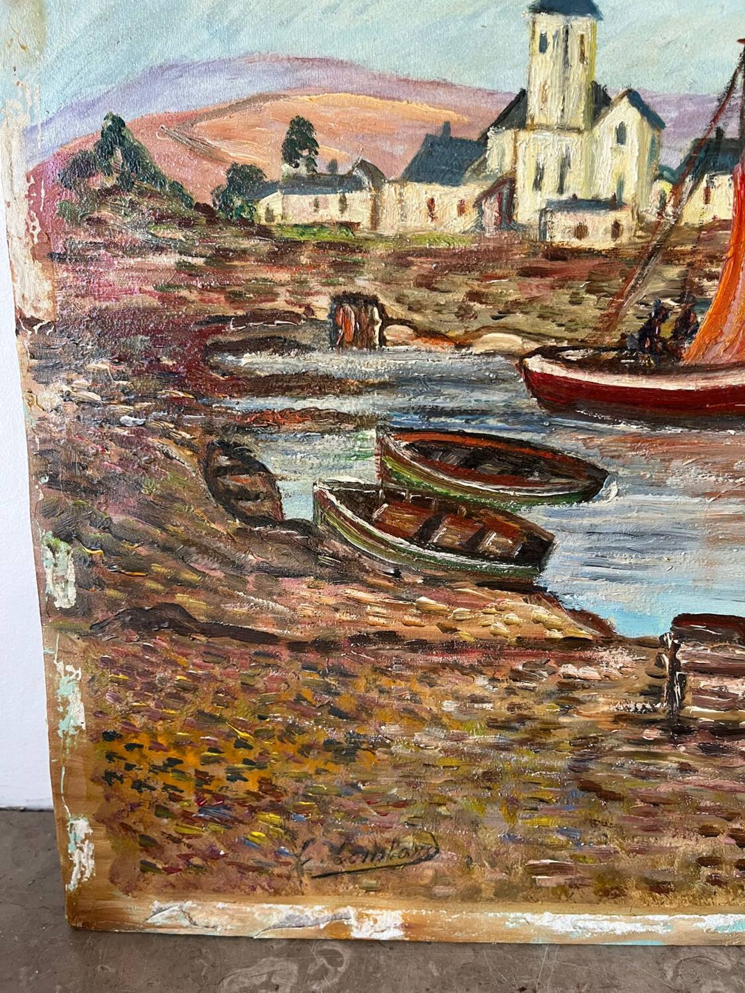 Bateaux au petit port, signé F. Lombard