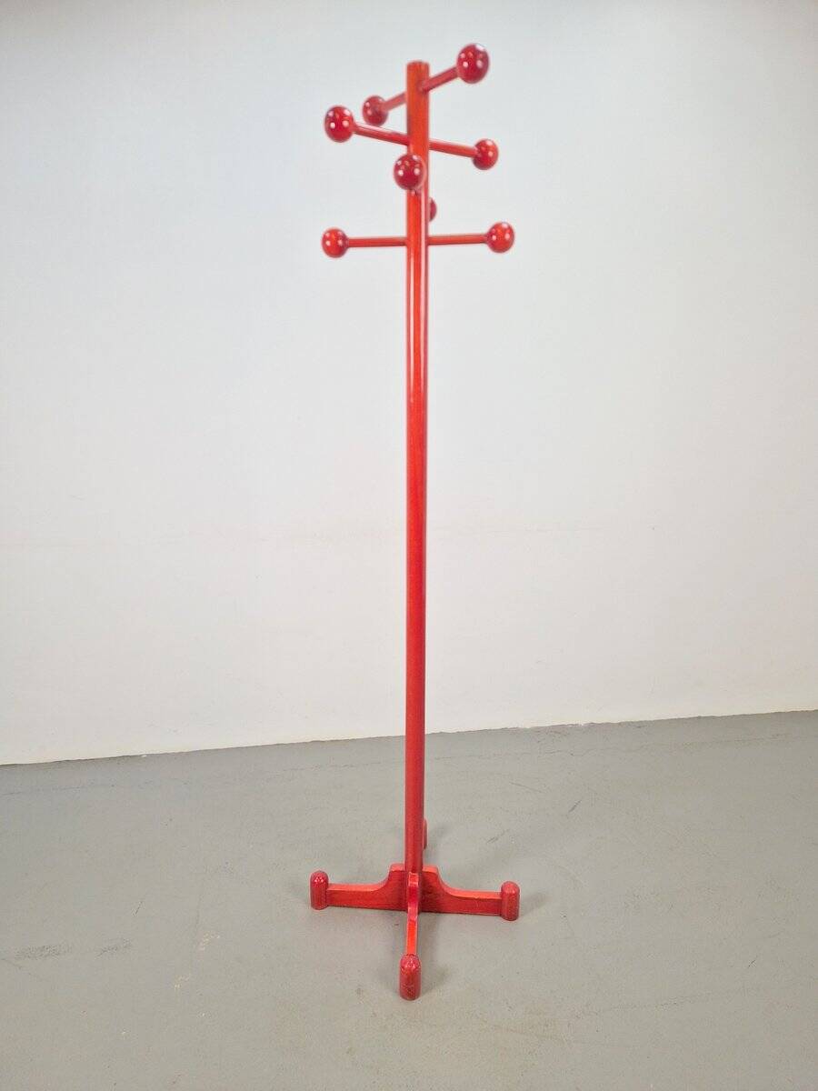 Vintage Red Stained Beech Coat Rack with Balls, 1970s